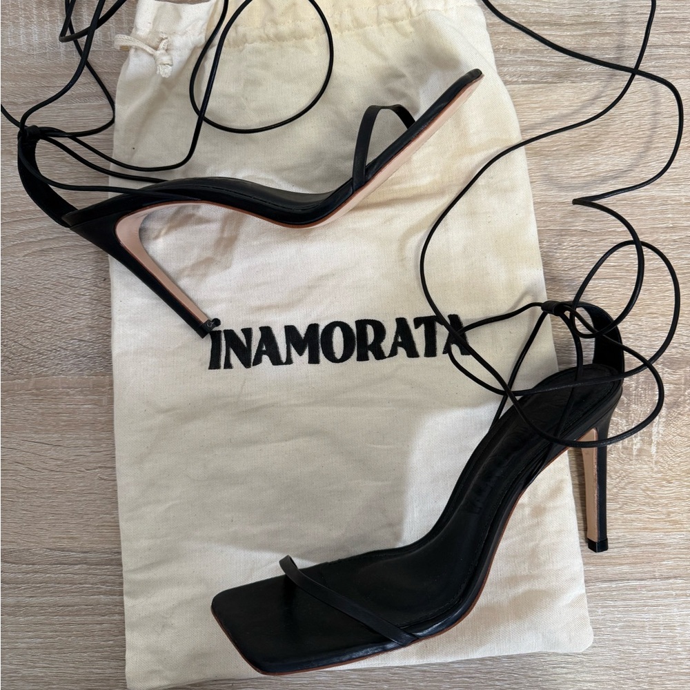 Inamorata Dover Black Square Toe Ankle Wrap Heels Women’s‎ Sz 9